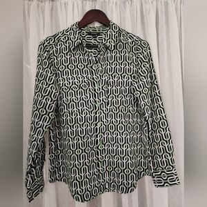 Alfani Black and White Geometric Blouse with Green Accents